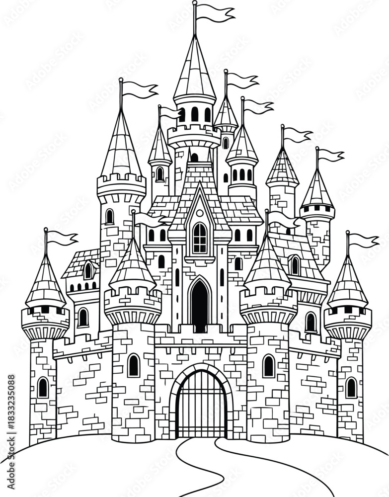 Obraz premium A detailed black and white illustration of a large medieval fairytale castle with flags atop its towers and a grand entrance gate, perfect for coloring