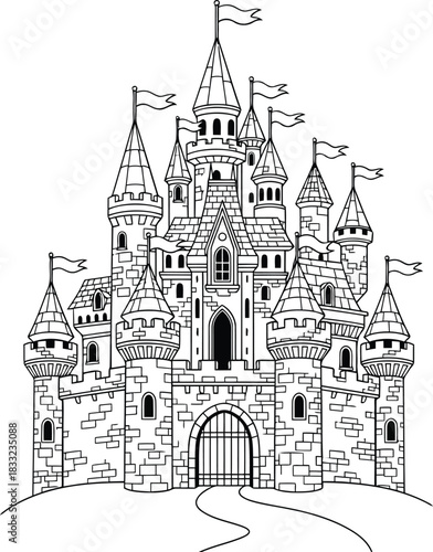 A detailed black and white illustration of a large medieval fairytale castle with flags atop its towers and a grand entrance gate, perfect for coloring