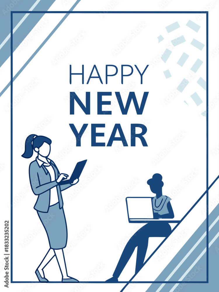Naklejka premium Professional New Year Greeting Card – 2027 Celebration with Laptop Users & Geometric Blue Office Theme