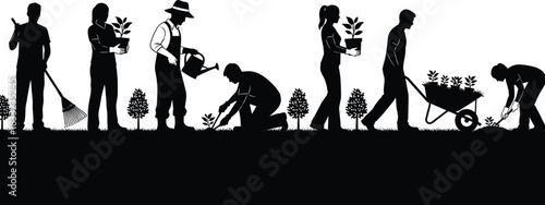 Gardening silhouette group, planting teamwork, environmental care, nature activity, black icon, outdoor scene, minimal design, community garden, flat vector