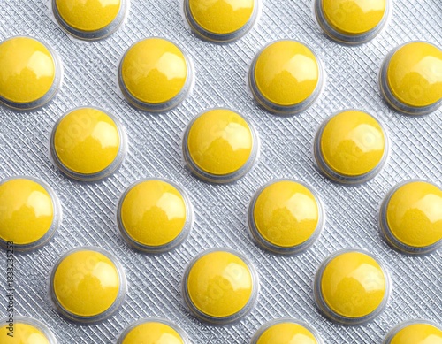 Uniform rows of bright yellow pills encased in metallic silver blister packaging, displayed in a close-up view