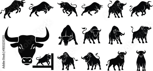 Collection of black bull silhouettes in various poses and perspectives