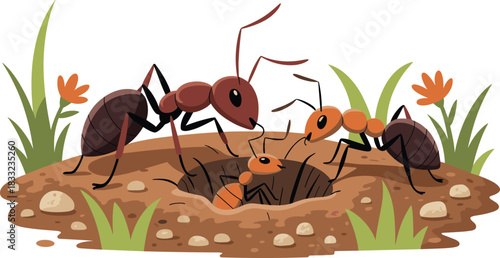 Digital illustration of ants working near their nest entrance with soil, grass and flowers in a natural outdoor environment for education