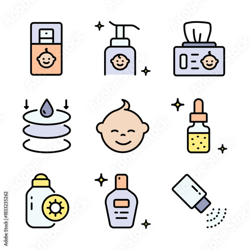 Baby cosmetics color icons set. Cosmetic bottles and beauty products for skincare routine, moisturizing and cleansing. Vector symbols isolated on white background.