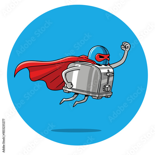 Super toaster vector illustration flying with red cape and blue mask
