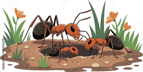 Digital illustration of ants working near their nest entrance with soil, grass and flowers in a natural outdoor environment for education