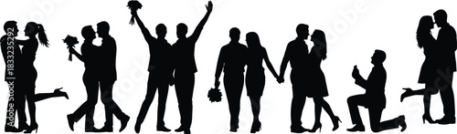 Romantic couple silhouette, love moments, proposal pose, celebration gesture, relationship theme, black icon, minimal design, emotional scene, flat vector