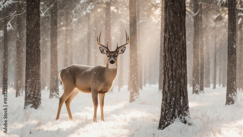 Obraz premium Majestic Deer in Winter Forest - A Serene Wildlife Encounter.
