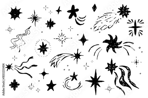 Star set falling stars textured spark crayon bling hand drawn sketch. Simple chalk festive shiny space elements, festive lights 