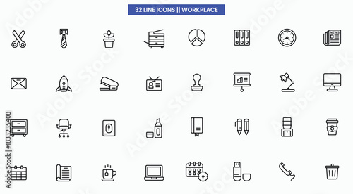 Office workspace Tools set of web icons in line style. Office and coworking icons for web and mobile app. Office, remote working, meeting, co-worker, workspace, desk, computer, business icons and more