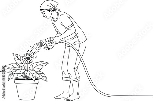 Person watering potted plant illustration, gardening activity artwork, home plant care concept drawing, nurturing flower pot design