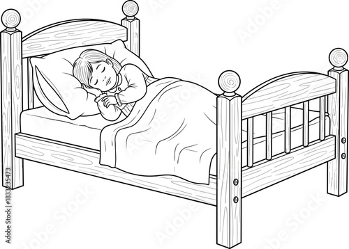 Sleeping child in bed illustration, peaceful night rest drawing, cozy bedroom scene artwork, cute kid sleep concept design