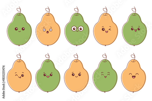 Charming vector illustration of pear characters displaying a range of expressions from happy to surprised. Each fruit features a unique emotive face, adding personality and fun.