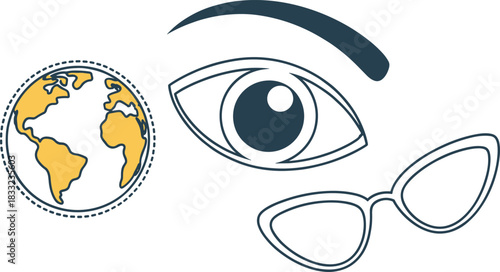 Minimalist global vision illustration, eye and eyeglasses concept, world observation design, travel insight artwork, modern line art graphic style