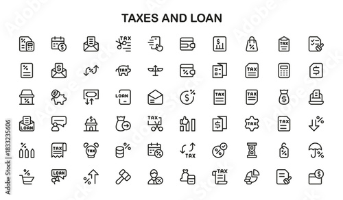 Taxes and Loan Financial Icons – Modern Professional Line Icon Set with Minimal Vector Design for Finance and Banking Concepts