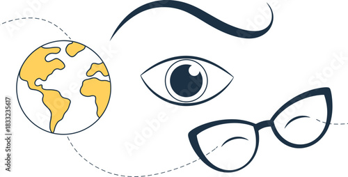 Minimalist global vision illustration, eye and eyeglasses concept, world observation design, travel insight artwork, modern line art graphic style