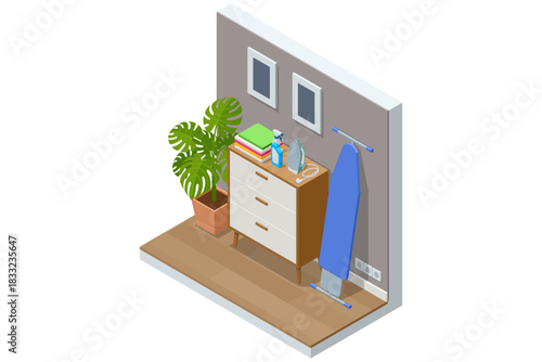 Isometric illustration of a home ironing corner with a dresser, folded clothes, spray bottle, iron and ironing board near a wall with framed decor and indoor plant. Cozy organized household space.