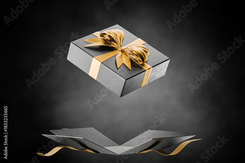 Birthday gift. Black gift box. Dark gift box with gold ribbons. Christmas gift. Sale. Gift certificate. New Year's gift. 3D rendering.