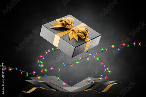 Black gift box with Christmas garland. Dark gift box with gold ribbons. Christmas gift. Sale. Gift certificate. New Year's gift. 3D rendering.