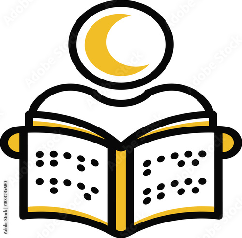 Minimalist icon of a person reading a Braille book with crescent moon symbol, accessibility education concept, inclusive learning illustration design