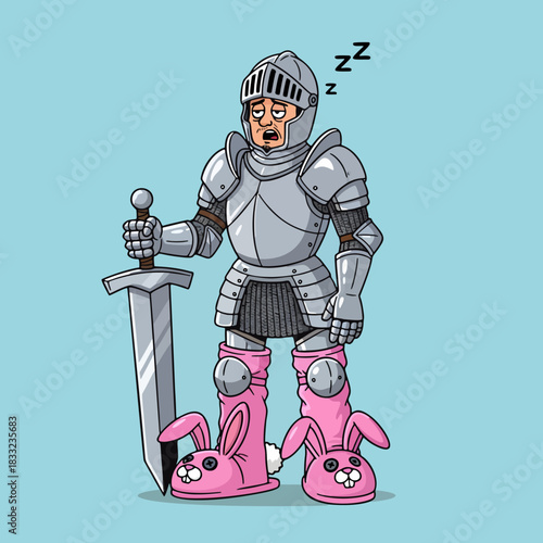 Sleepy knight vector mascot standing in armor wearing pink bunny slippers