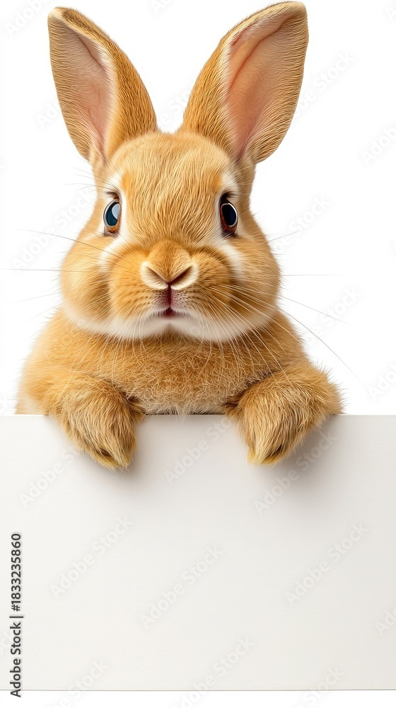 Fototapeta premium A charming little rabbit with soft, fluffy fur peers curiously over a blank sign that is set against a clean white background