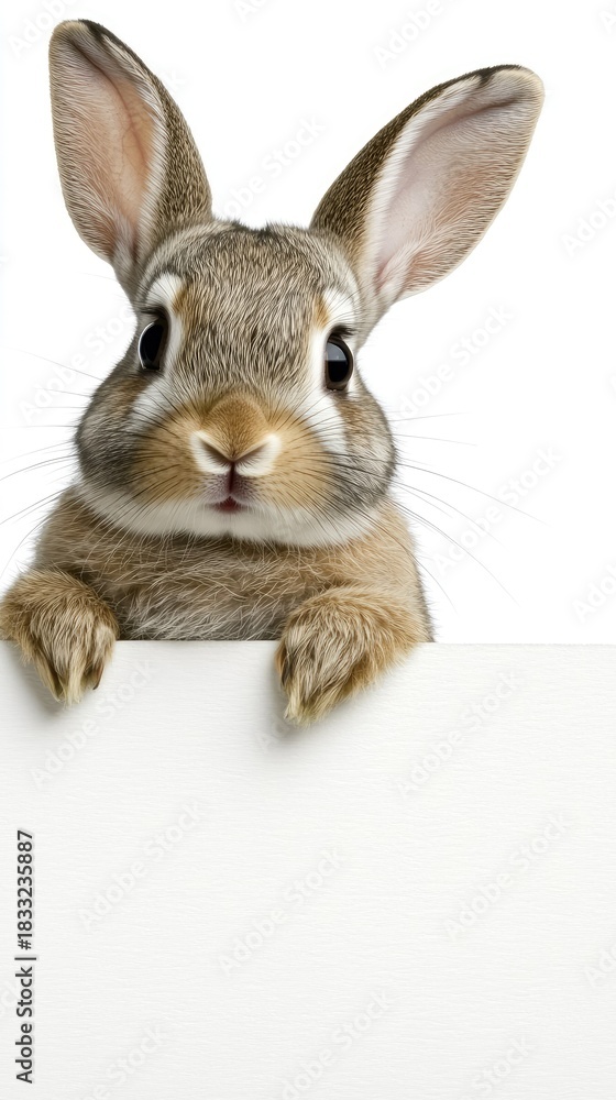 Fototapeta premium Cute rabbit peeking over a blank sign in a bright and simple setting, showcasing its curious expression and fluffy fur