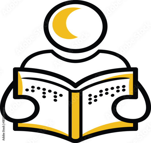 Minimalist icon of a person reading a Braille book with crescent moon symbol, accessibility education concept, inclusive learning illustration design