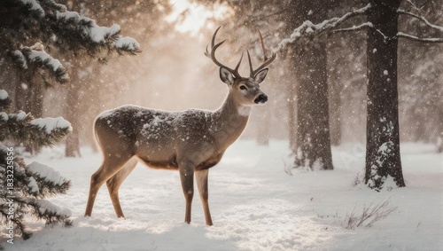 Majestic Deer in Winter Wonderland - A Serene Forest Scene.