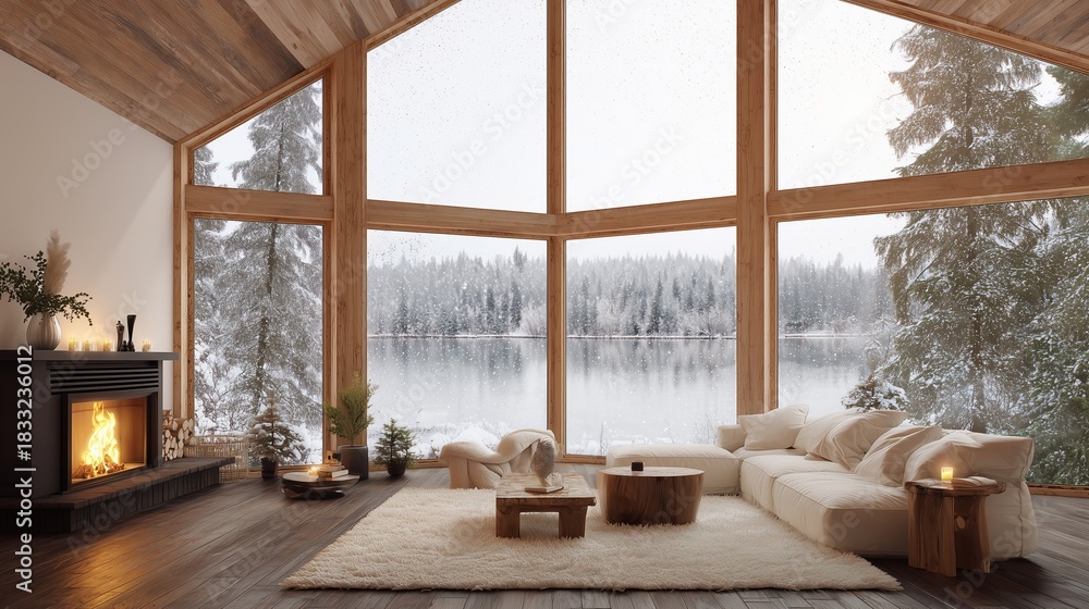 Fototapeta premium Cozy winter retreat with a stunning view of snow-covered trees by the lake