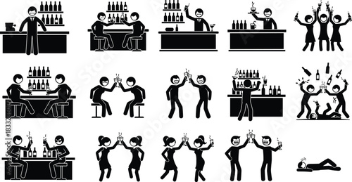 Bar and nightlife icon set showing bartenders, drinking scenes, party celebrations, alcohol consumption, social gathering symbols for restaurant, pub, and entertainment designs