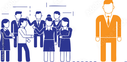 group of blue business figures facing single orange figure in workplace interaction and social contrast concept