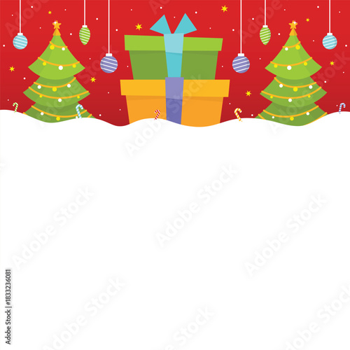 Festive Christmas flat illustration featuring stacked gift boxes and two decorated Christmas trees on a snowy white base as copy space for text perfect for social media posts, and digital ads.