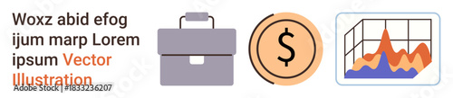 Business planning, financial management, data analysis, investment tracking, corporate growth, decision making. Icons include a briefcase, dollar sign and bar chart. Business planning and financial