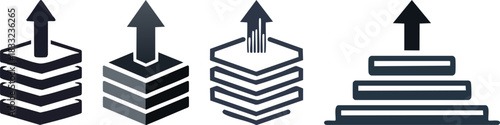 Enterprise initiative icon featuring layered rectangles and rising arrow symbol representing structured strategic business growth