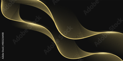 Abstract luxury with shining gold lines waves on black background. Futuristic background of flowing gold lines for banner, poster, cover, brochure, flyer, website