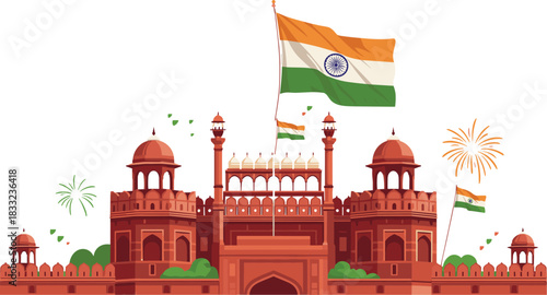 Red Fort illustration with Indian flag, Independence Day celebration scene, patriotic monument artwork, vibrant sky,