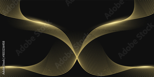 Abstract luxury with shining gold lines waves on black background. Futuristic background of flowing gold lines for banner, poster, cover, brochure, flyer, website