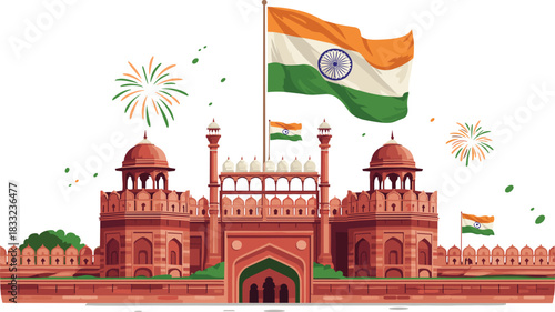 Red Fort illustration with Indian flag, Independence Day celebration scene, patriotic monument artwork, vibrant sky,