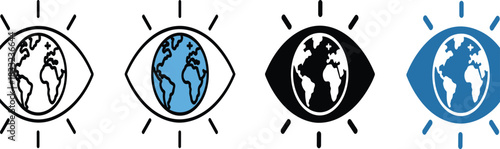 Set of four minimalist global vision icons combining earth and eye symbols representing worldwide awareness, sustainability, observation, environmental focus, design