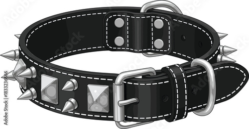 Black leather spiked dog collar with metal studs, durable pet accessory design, heavy duty punk style collar for protection and fashion
