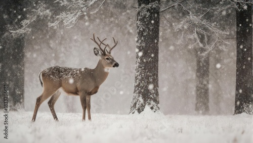 Majestic Deer Standing in a Snowy Winter Forest Landscape.