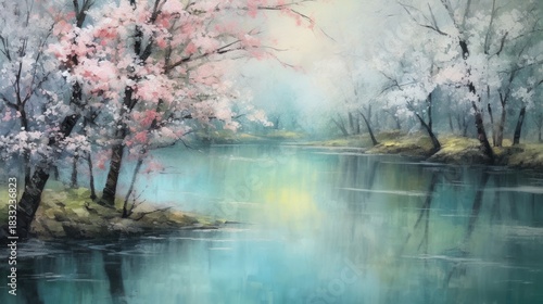 A serene landscape featuring blooming cherry blossom trees reflected in calm turquoise waters.