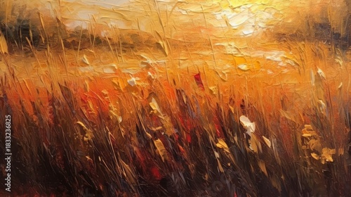 Vibrant golden hues illuminate a field at sunset, showcasing nature's beauty in rich textures.
