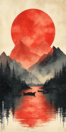 A serene landscape featuring a bold red sun setting over misty mountains and calm waters with silhouettes of boats.