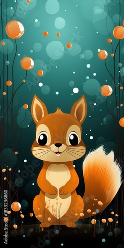A cute cartoon squirrel with fluffy fur sits among whimsical orange bubbles and delicate plants.