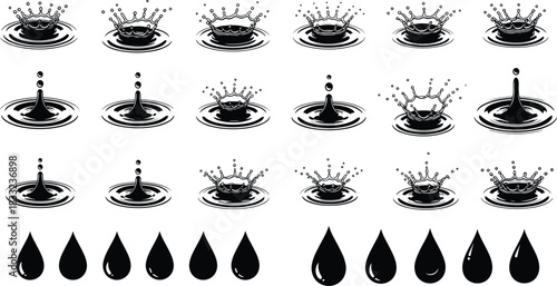 Black water splash vector set with ripples, droplets, liquid impact silhouettes, dynamic splash elements, clean minimal fluid illustration design