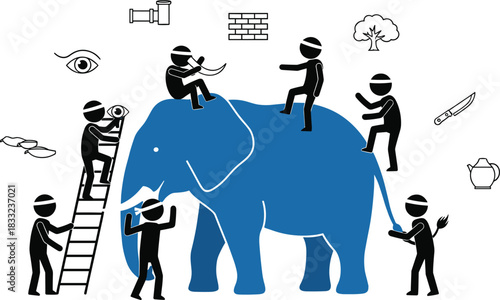Blind men examining elephant concept illustrating perspective misunderstanding teamwork communication differences metaphor symbolizing limited perception and diverse viewpoints in problem solving