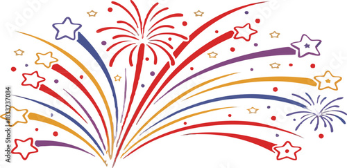Vector representation of colorful fireworks, creating a vibrant display, set on a transparent background.
