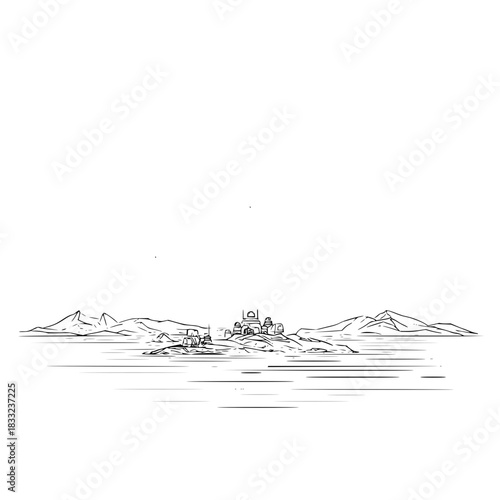 Island castle in the distance with mountains and water visible in a simple black and white drawing style